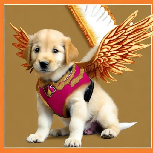 Prompt: orange warrior puppy in gold amour with ruby in the center and angel wings anime 