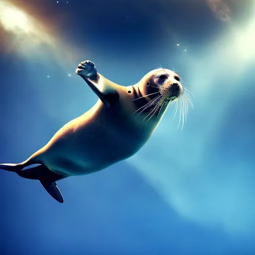 Prompt: seal flying in space