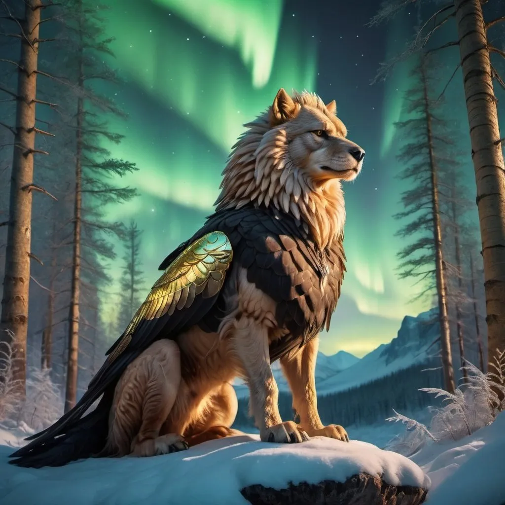 Prompt: wild Griffin warrior siting in hyper realistic fantasy forest future seen with gold northern lights above the wild Griffin warrior