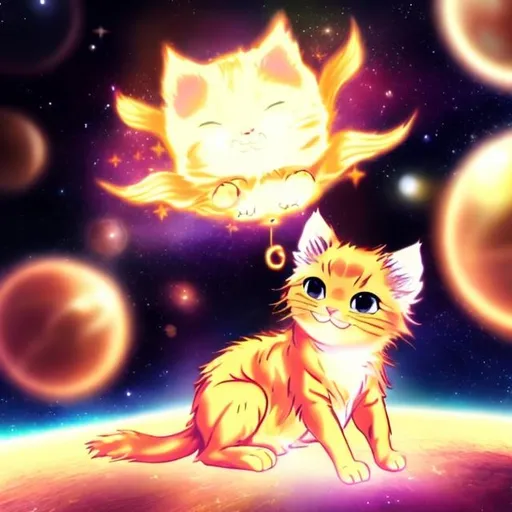 Prompt: Meditating glowing golden kitten in space floating anime
