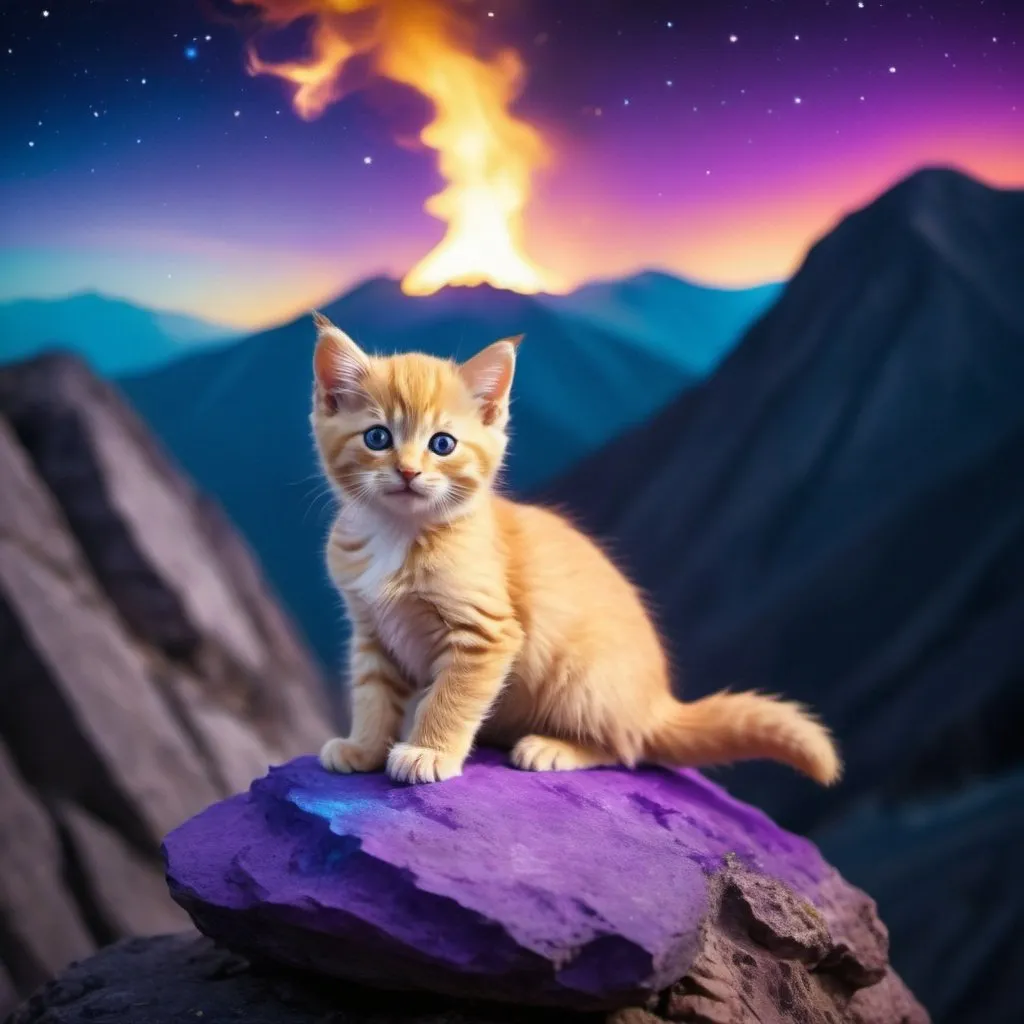 Prompt: golden kitten siting on top of a tall mountain in purple lime and blue colored fire with space background