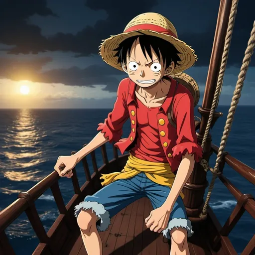 Prompt: 2d dark j horror anime style monkey d luffy anime scene on pirate ship at sea 
