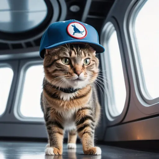 Prompt: cat wearing a backwards baseball cap dancing in a space ship close up on the interior with window looking into in background