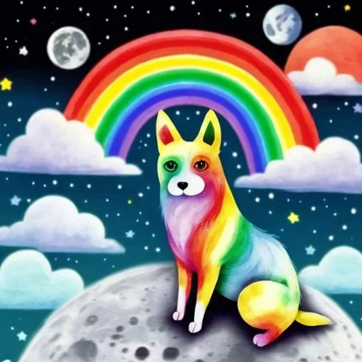 Prompt: cute rainbow dog on the moon