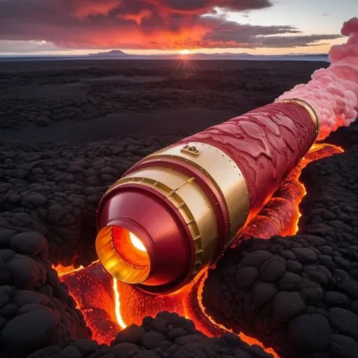 Prompt: sky view of a red and gold metallic giant lava cannon