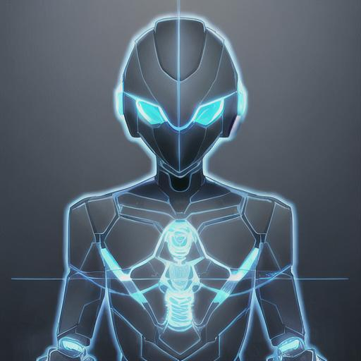 Prompt: boy black robot outlined in blue wireframe light