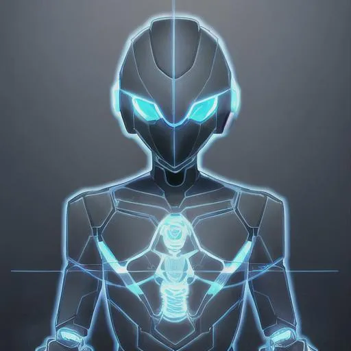 Prompt: boy black robot outlined in blue wireframe light