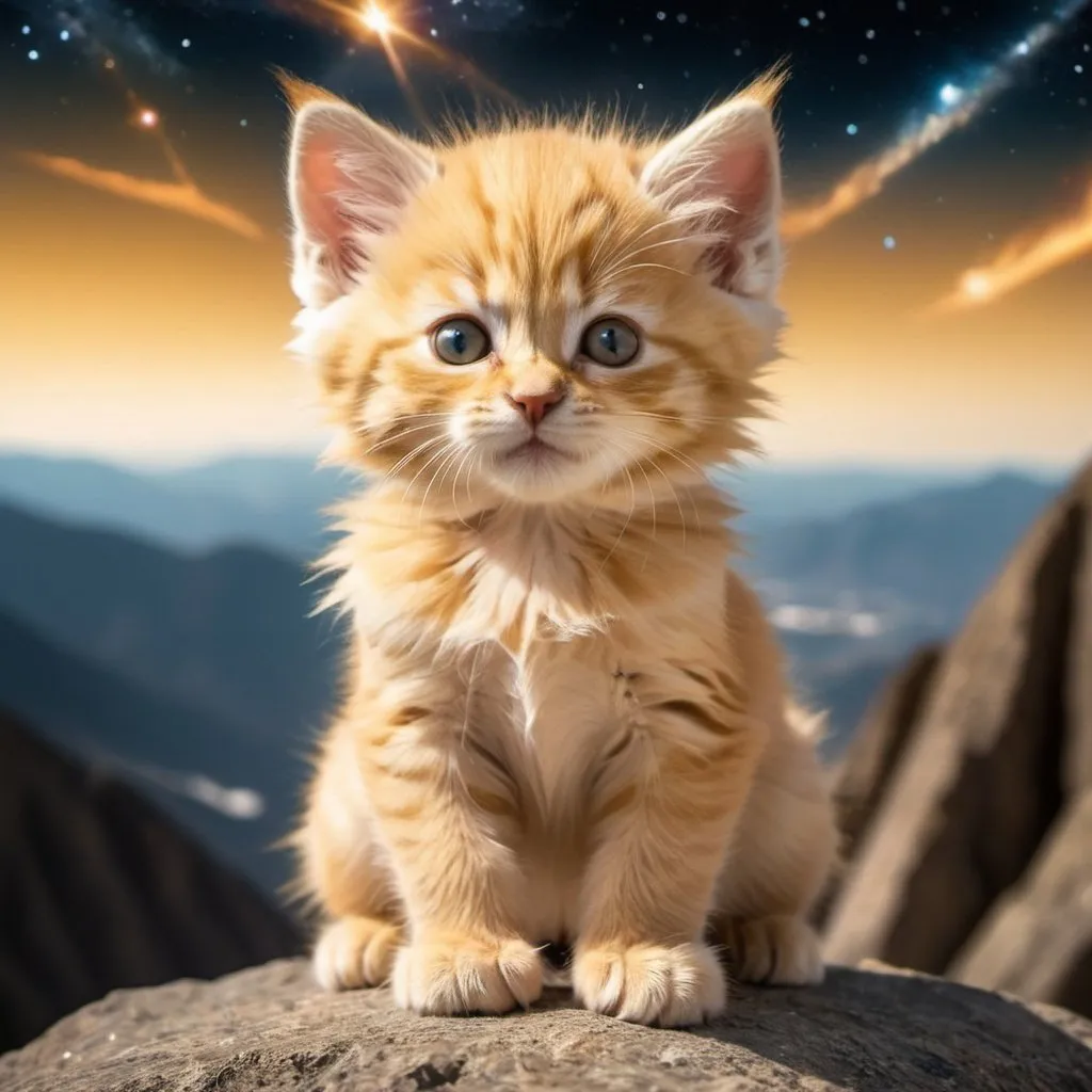 Prompt: golden kitten siting on top of a tall mountain going super saiyan with space background