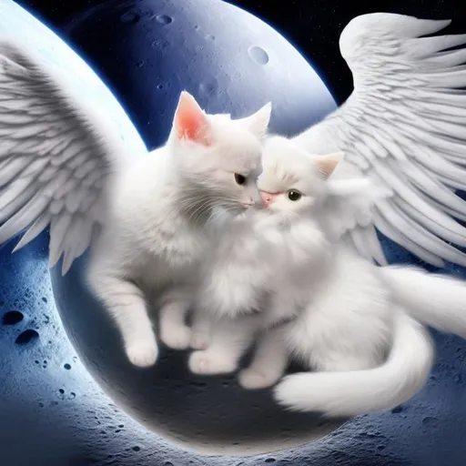 Prompt: kitty with white body on the moon with angel wings