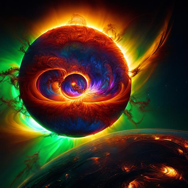 Prompt: Illustration of a thrilling solar storm, dramatic solar flares, intense magnetic fields, dynamic energy movement, high-res digital painting, vivid colors, sci-fi, futuristic, detailed solar flares, swirling magnetic fields, captivating visualization, intense atmosphere, high-quality, immersive, ebook cover, digital art, dynamic energy, futuristic, intense coloration, dramatic lighting