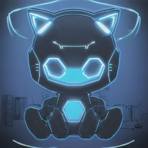 Prompt: cute kitten black robot outlined in blue wireframe light