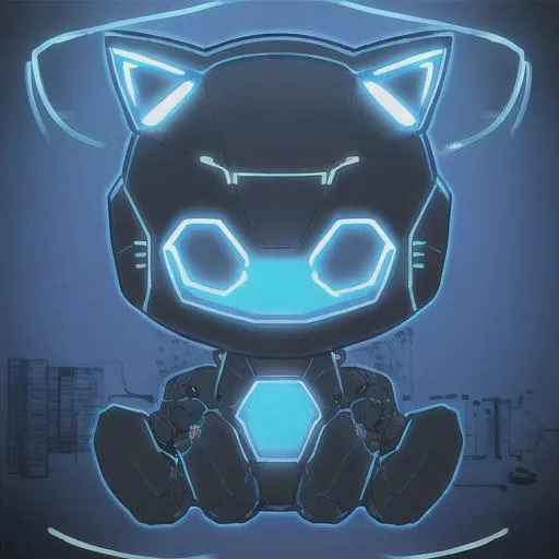 Prompt: cute kitten black robot outlined in blue wireframe light