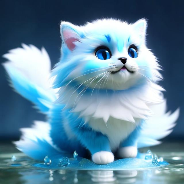 Prompt: Cute, blue, fluffy, liquid cat, possessing the element of water and making circles of water move around in the air in a magical way. Perfect features, extremely detailed, realistic. Krenz Cushart + loish +gaston bussiere +craig mullins, j. c. leyendecker +Artgerm.