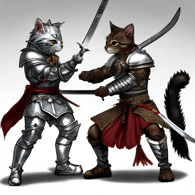 Prompt: cute cat and dog warrior in silver armor fighting with iron swords 
