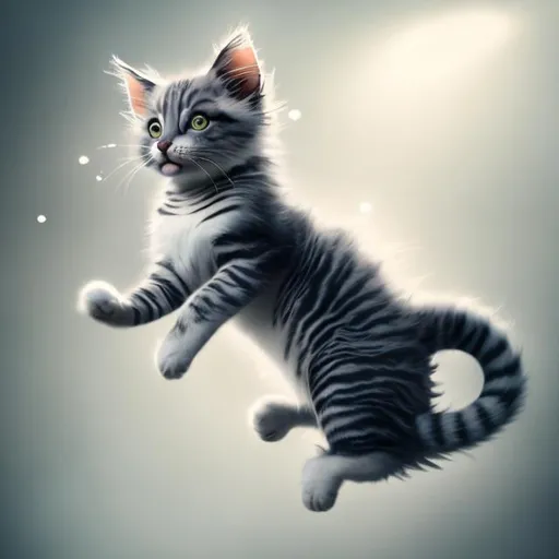 Prompt: Flying, ethereal gray-striped kitty, light gray body, cool-toned, detailed fur with subtle patterns, surreal floating, magical, high quality, artistic, cool tones, dreamy lighting, soft focus, graceful movement, detailed eyes