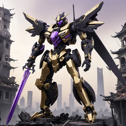 Prompt: A purplish black and gold mecha with sleek but complex amour design holding a long sword and floating weapons surrounding it with a ruined city as background