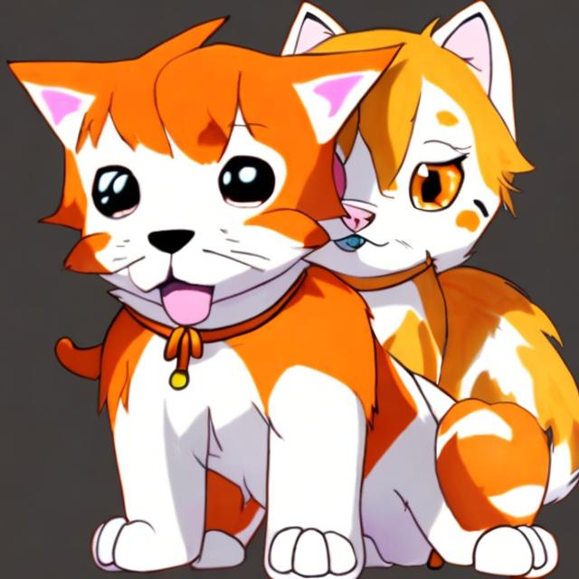 Prompt: white puppy and orange kitty god hybrid anime