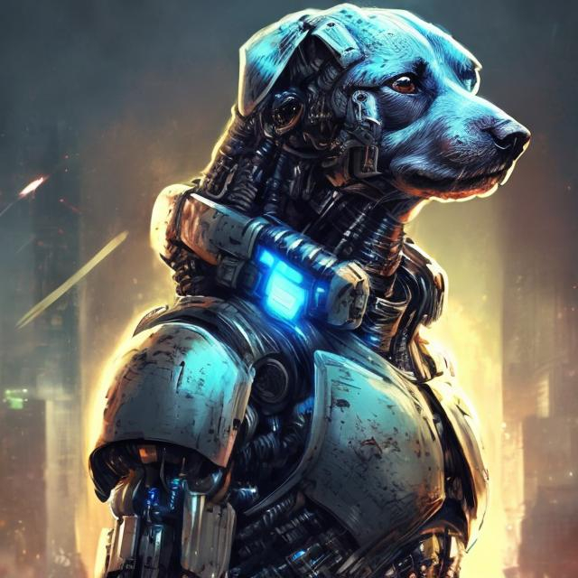 Prompt: Cute dog mutant soldier, digital art, cybernetic enhancements, futuristic armor, intense and focused gaze, high-tech weaponry, dynamic action pose, high quality, digital art, sci-fi, futuristic, detailed fur, cybernetic, intense gaze, futuristic armor, action pose, professional, atmospheric lighting