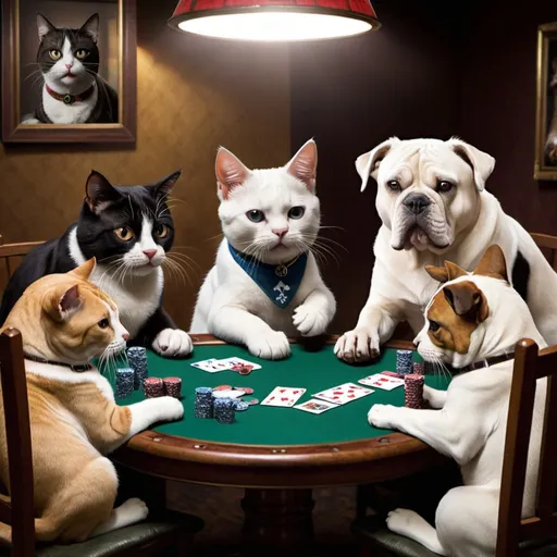 Prompt: Cats playing poker with the dogs playing a video game