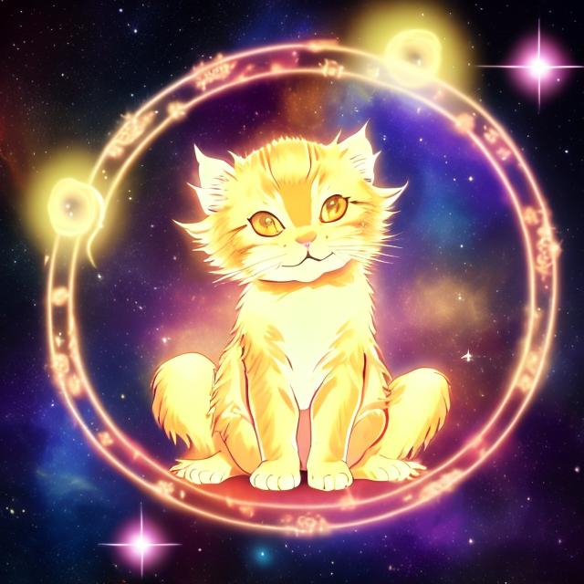 Prompt: Meditating glowing golden kitten in space floating anime
