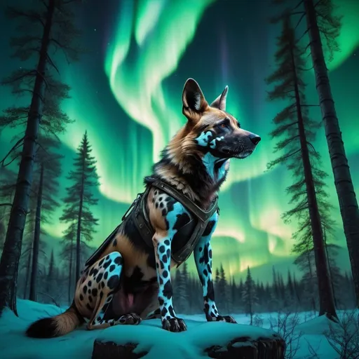 Prompt: wild dog warrior siting in hyper realistic fantasy forest future seen with northern lights above the wild dog warrior 