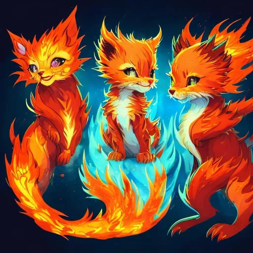 Prompt: Vibrant digital illustration of a fire kitten and water puppy, bright warm tones, fantasy setting, dynamic poses, detailed fur with fiery highlights, intense and playful expressions, magical sparks and flames, best quality, highres, ultra-detailed, digital art, fantasy, vibrant warm tones, dynamic poses, fiery fur, intense expressions, magical sparks and flames, professional, dynamic lighting