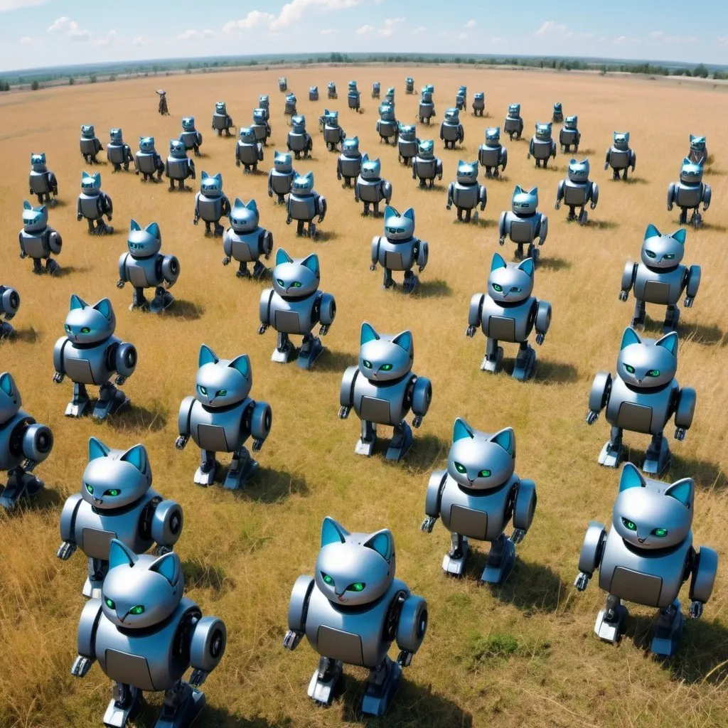 Prompt: sky view of a robot cat army on a huge  battle feild