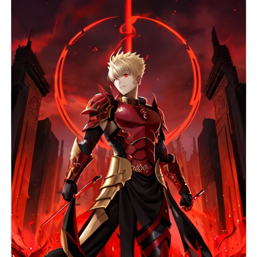 Prompt: Gilgamesh (fate), gate of Babylon, red skies, red eyes, black, red and gold armour 