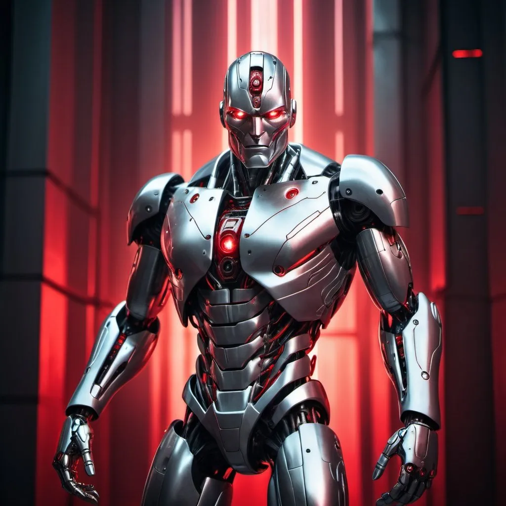 Prompt: metallic silver huge robot man with scratches on his body and limbs  with dramatic red lighting in a futuristic world