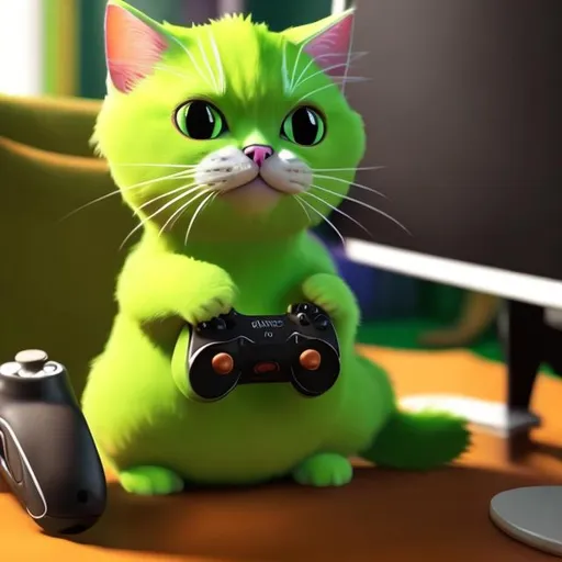 Prompt: lime cat playing video games