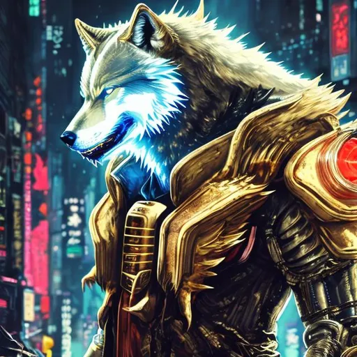 Prompt: Gold wolf with hock wings and glowing red chest, anime boy, detailed fur with cool reflections, intense and focused gaze, high-tech collar, urban cyberpunk setting, futuristic cityscape, best quality, highres, ultra-detailed, anime, sci-fi, gold tones, cyberpunk, detailed eyes, professional, atmospheric lighting