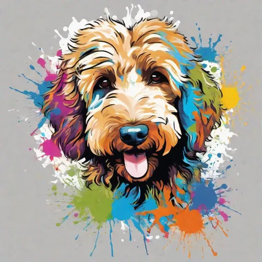 Prompt: Colorful graffiti illustration of a Goldendoodle, paint splashes, vector t-shirt art, white background


