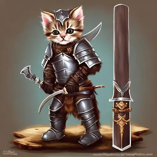 Prompt: cute kitten warrior in leather armor and wood sword