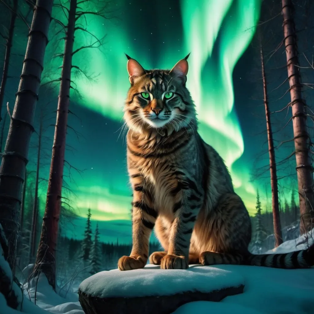 Prompt: wild cat warrior siting in hyper realistic fantasy forest future seen with northern lights above the wild cat warrior 