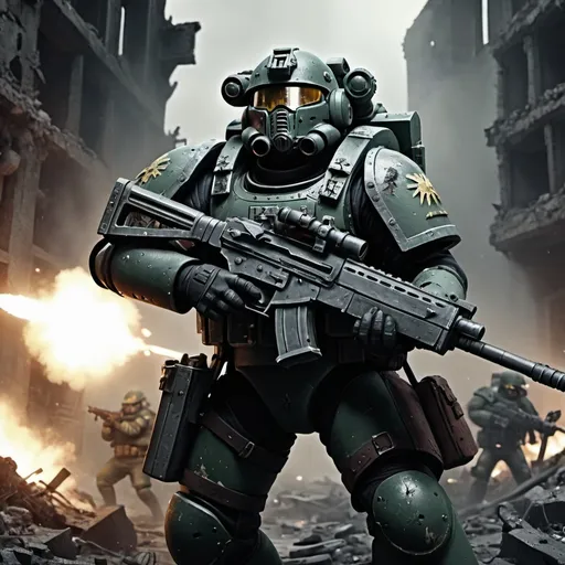 Prompt: A (Guardsmen in the Warhammer 40k) holding a lasgun, firing against opposing forces, intense and dramatic battle scene, grim and chaotic atmosphere, dystopian landscape, dark and muted colors, stark shadows and harsh lighting, war-torn environment with ruined buildings and debris, explosive background, emotion of desperation and courage, 4K, ultra-detailed, high resolution, cinematic masterpiece.