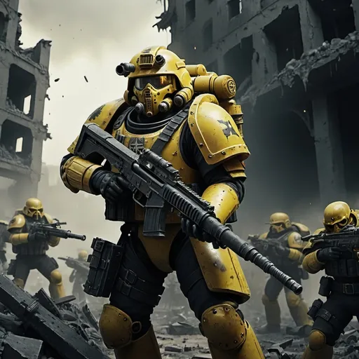 Prompt: A (Guardsmen Sergant in the Warhammer 40k) holding a lasgun, Wearing a Yellow heavy Kevlar and Black pants, giving orders to Multiple troops behind him, intense and dramatic battle scene, grim and chaotic atmosphere, dystopian landscape, dark and muted colors, stark shadows and harsh lighting, war-torn environment with ruined buildings and debris, explosive background, emotion of desperation and courage, 4K, ultra-detailed, high resolution, cinematic masterpiece.