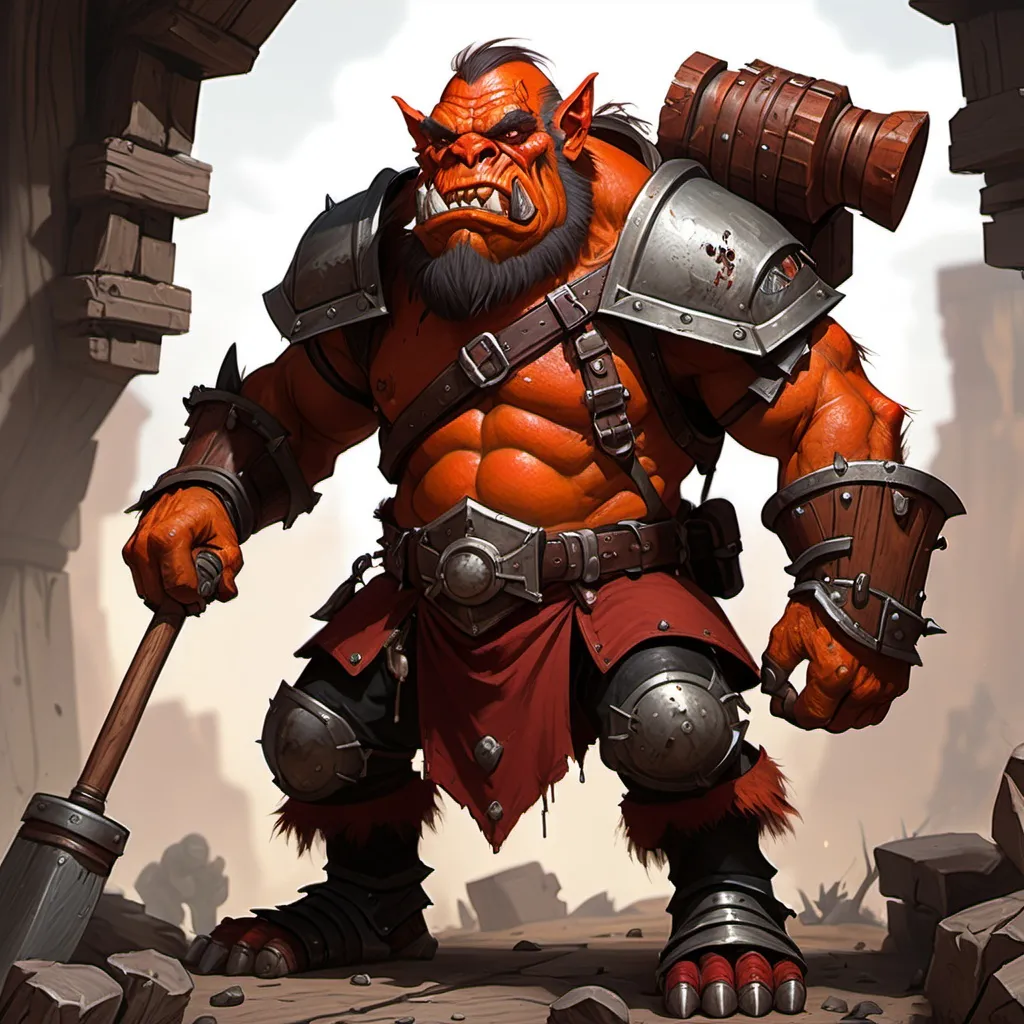 Prompt: A orange-red skinned ork with a Big Wooden club on his shoulders, wearing iron brigadine armor