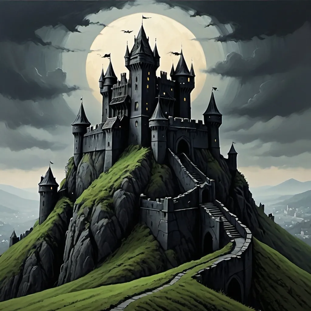 Prompt: A Dark Castle on a Hill surrounded by 2 wall layers.