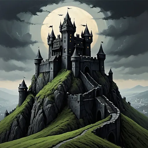 Prompt: A Dark Castle on a Hill surrounded by 2 wall layers.