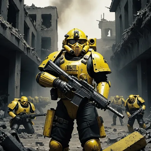 Prompt: A (Guardsmen Sergant in the Warhammer 40k) holding a lasgun, Wearing a Yellow Kevlar and Black kevlar pants, giving orders to Multiple troops behind him, intense and dramatic battle scene, grim and chaotic atmosphere, dystopian landscape, dark and muted colors, stark shadows and harsh lighting, war-torn environment with ruined buildings and debris, explosive background, emotion of desperation and courage, 4K, ultra-detailed, high resolution, cinematic masterpiece.