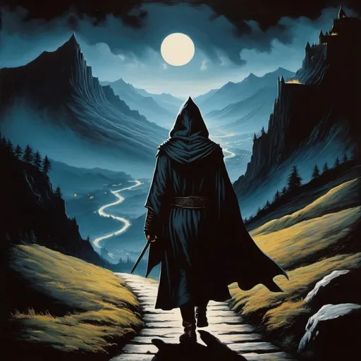 Prompt:  1970's dark fantasy style painting of a hooded medieval traveler walking on a path that leads his up the mountain. the image is dark and takes place at night