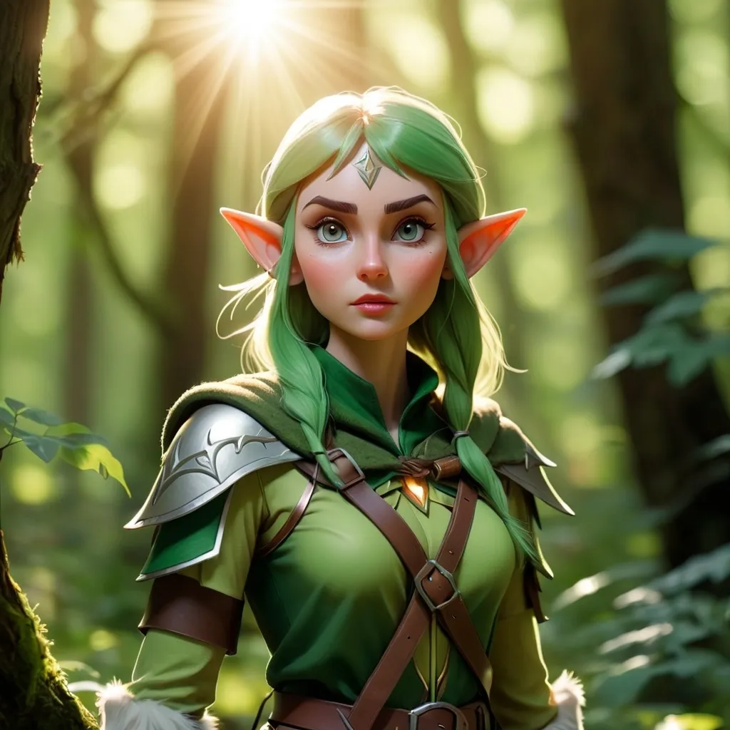 Prompt: Elf ranger in a mystical forest around sunlight