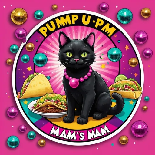 Prompt: create a celebratory sticker for a block party.  Use a black cat, disco balls, bright pink color, tacos, circus and write the phrase Pump up the "Ma'am's"
