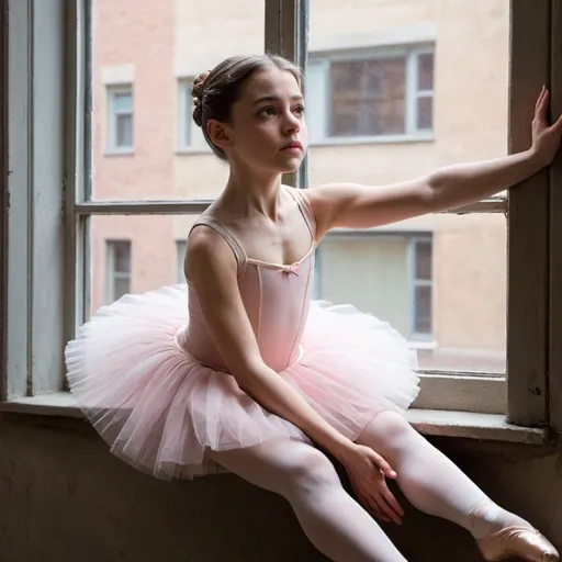 Prompt: Sonia Capulet Juliet's cousin Capulet (ballerina) sits on a window in one hand wearing a ballet costume wearing ballet shoes and doing a ballet pose  