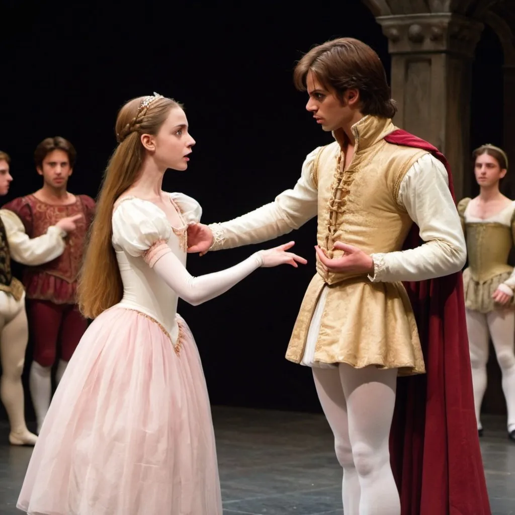Prompt: Sonia Capulet Juliet Capulet's cousin (ballerina) argues with Prince James de Enchancia in front of Lord Capulet  