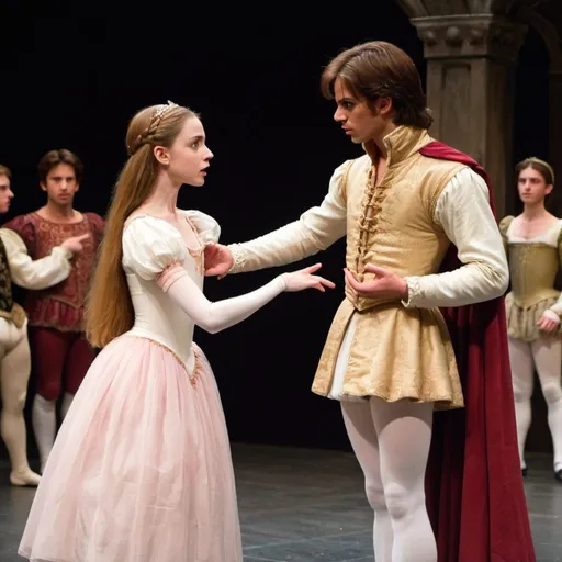 Prompt: Sonia Capulet Juliet Capulet's cousin (ballerina) argues with Prince James de Enchancia in front of Lord Capulet  
