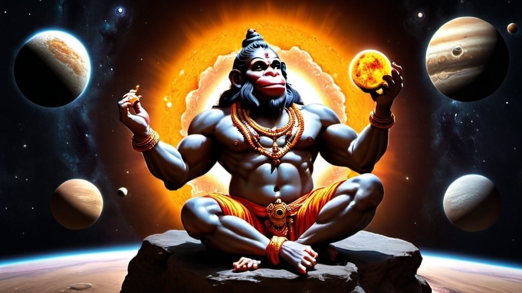 Prompt: Hanuman ji eating the sun in the solar system in the space