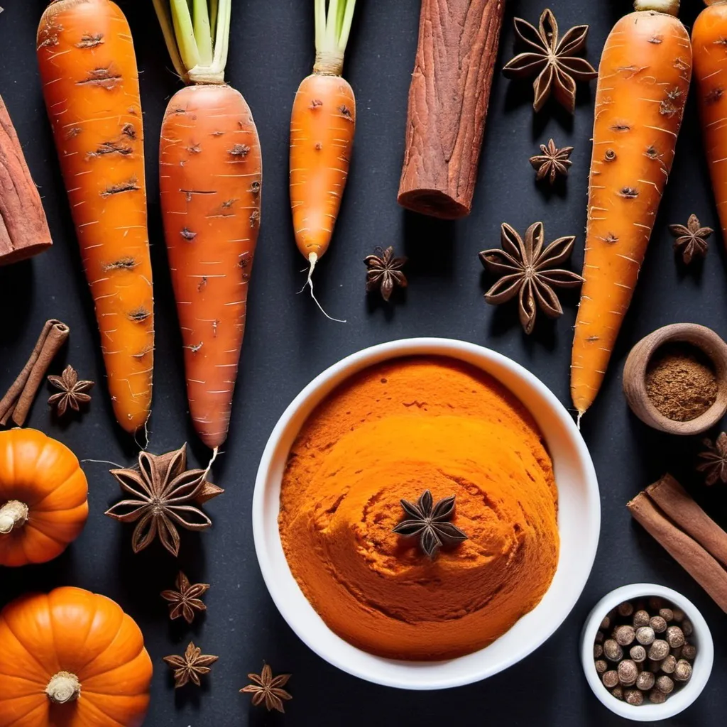 Prompt: winter food - carrots, pumpkin, spices such as cinnamon, kumin...