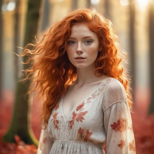 Prompt: Bright, ultra red-haired, with freckles. The sun, the autumn forest, fantastic beauty. Curls. wearing a boho summer dress Ultra-detailed dreamlike, photography  8K resolution image, translucent and ethereal.