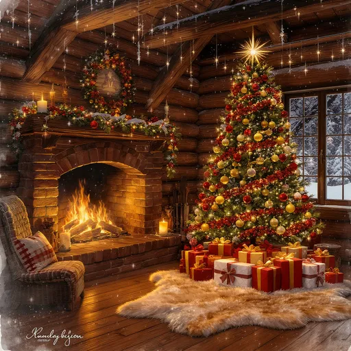 Prompt: Visualize a snug cabin glowing softly with the warm embrace of Christmas spirit. The flickering flames in the brick fireplace cast gentle shadows, illuminating a beautifully adorned Christmas tree, its ornaments shimmering like jewels against the dark wood walls. Wrapped presents in festive paper, embellished with ribbons, are lovingly piled under the tree. A luxurious bear skin rug sprawls across the floor, inviting warmth and comfort as it cradles the soft glow of twinkling lights. The air is filled with the scent of pine and cinnamon, while festive decorations hang from the beams above, twinkling like stars. Outside, a light dusting of snow clings to the window, framing this idyllic winter scene, perfect for a heartwarming holiday moment. Artistic style suggestion: dreamy watercolor illustration.